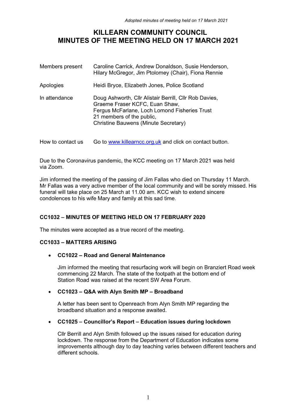 Adopted Minutes of Meeting Held on 17 March 2021 KILLEARN COMMUNITY COUNCIL MINUTES of the MEETING HELD on 17 MARCH 2021