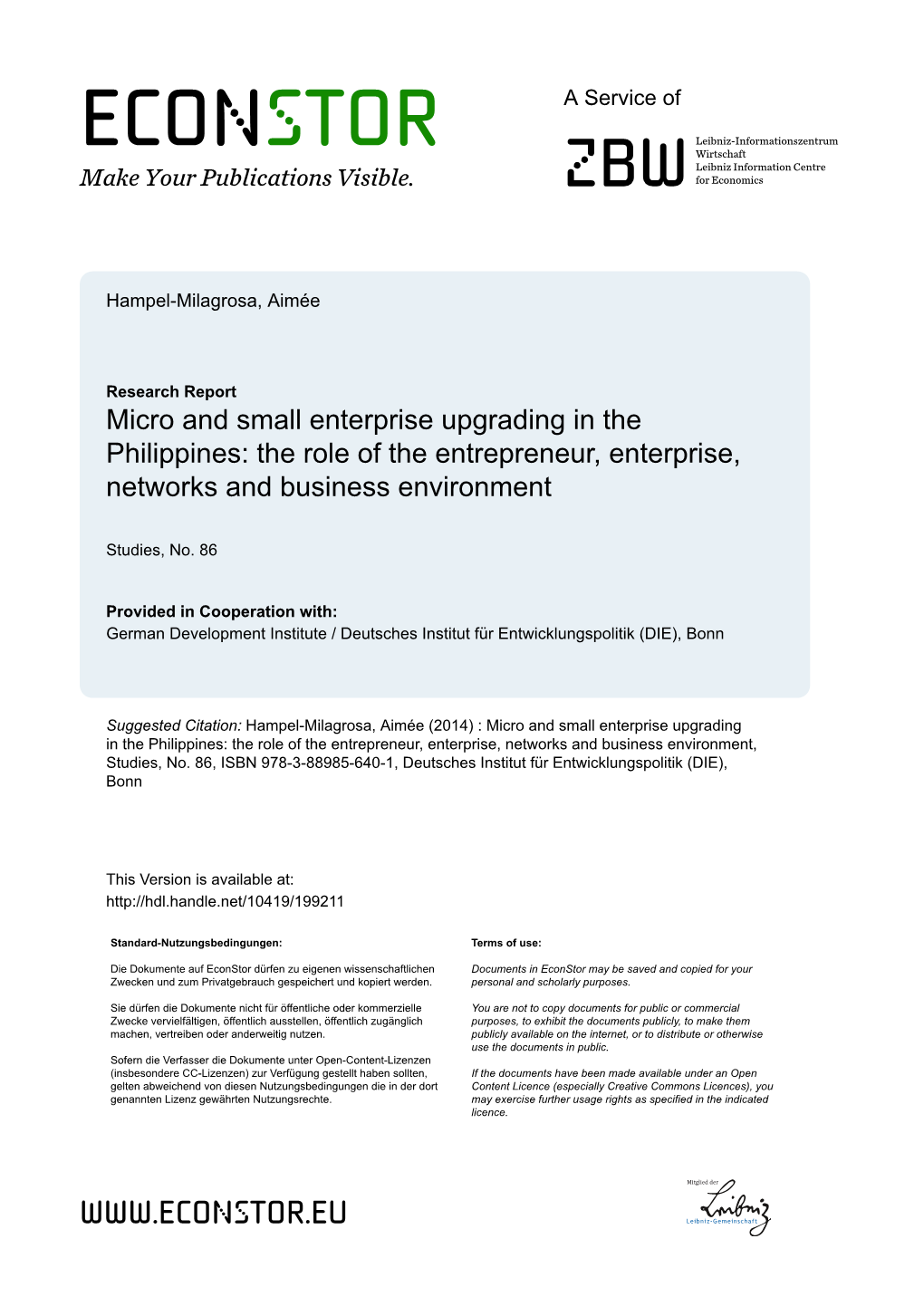Micro and Small Enterprise Upgrading in the Philippines: the Role of the Entrepreneur, Enterprise, Networks and Business Environment