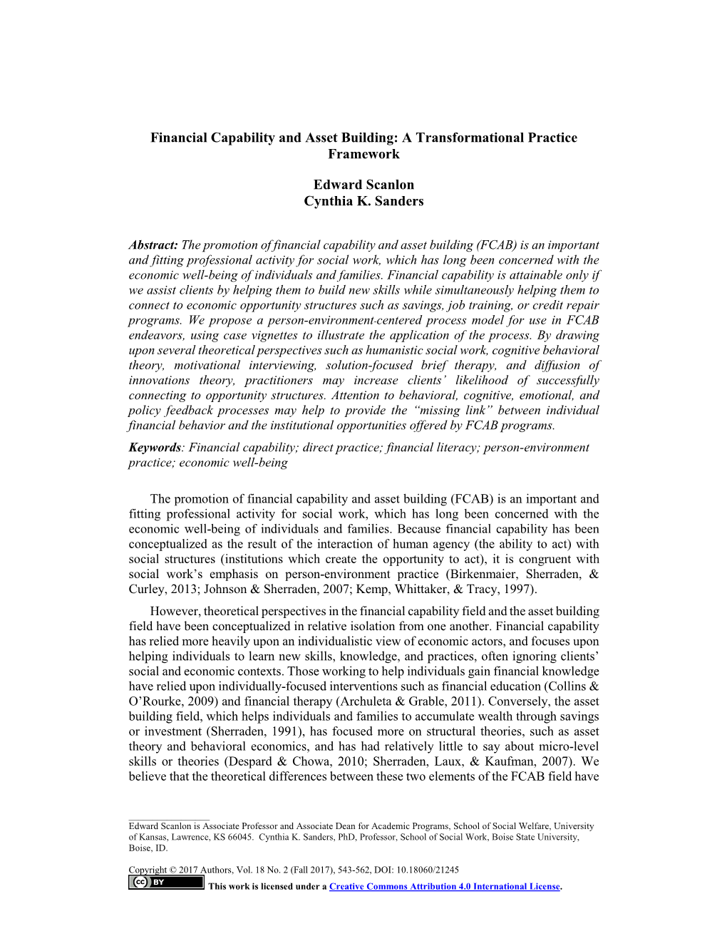 Financial Capability and Asset Building: a Transformational Practice Framework