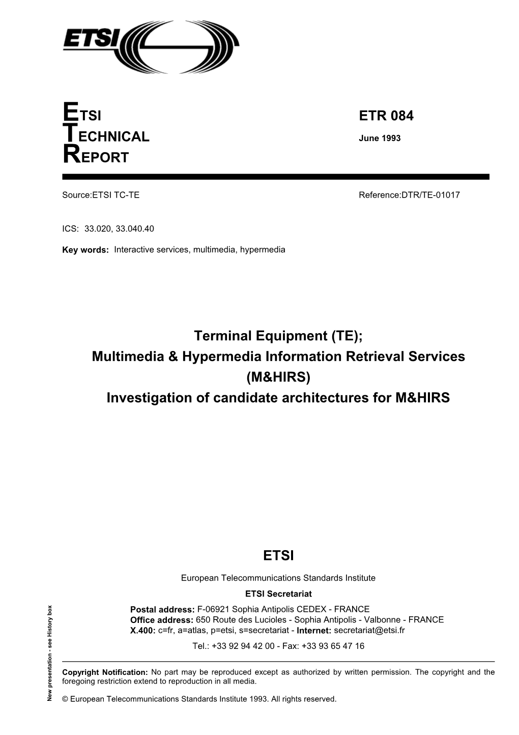 ETR 084 TECHNICAL June 1993 REPORT