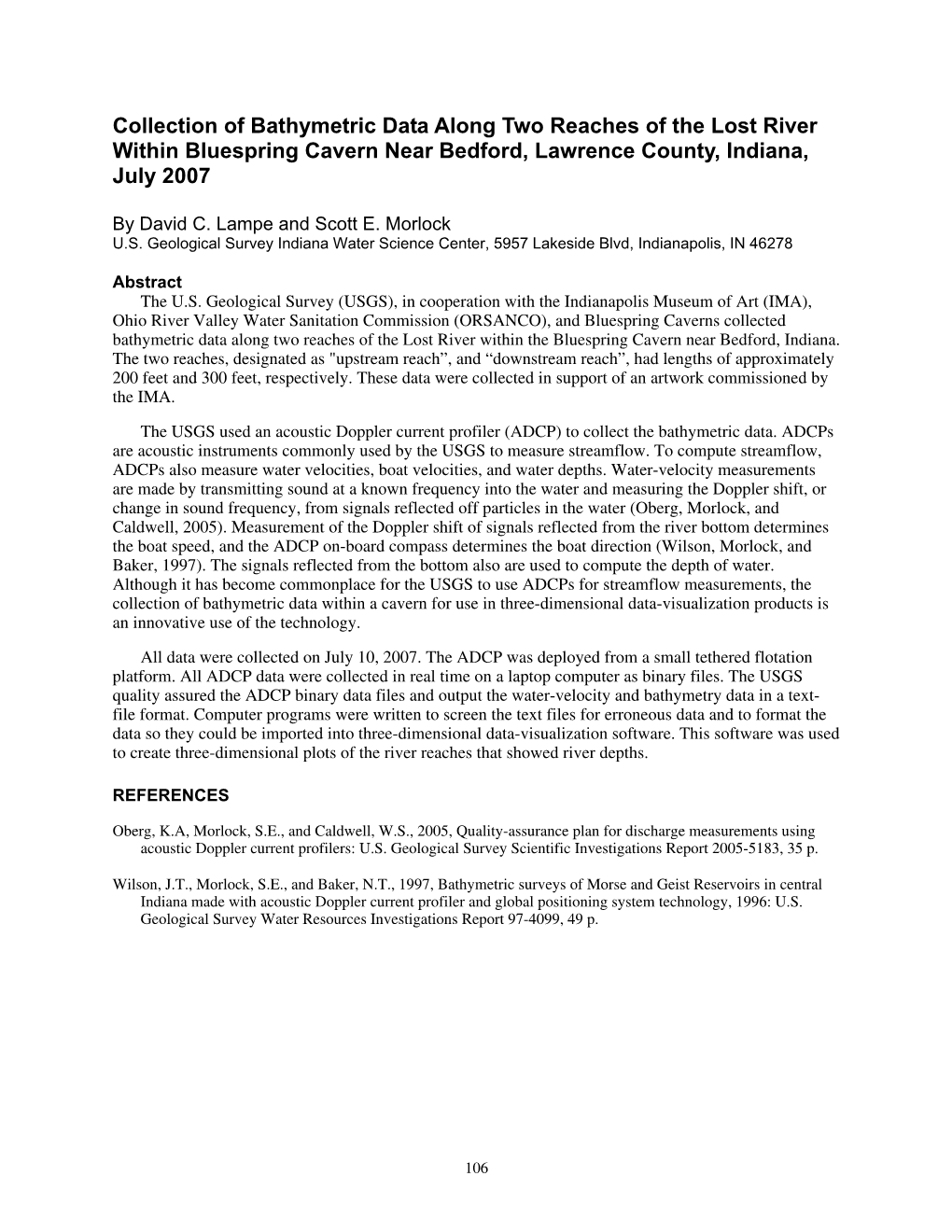 Collection of Bathymetric Data Along Two Reaches of the Lost River Within Bluespring Cavern Near Bedford, Lawrence County, Indiana, July 2007