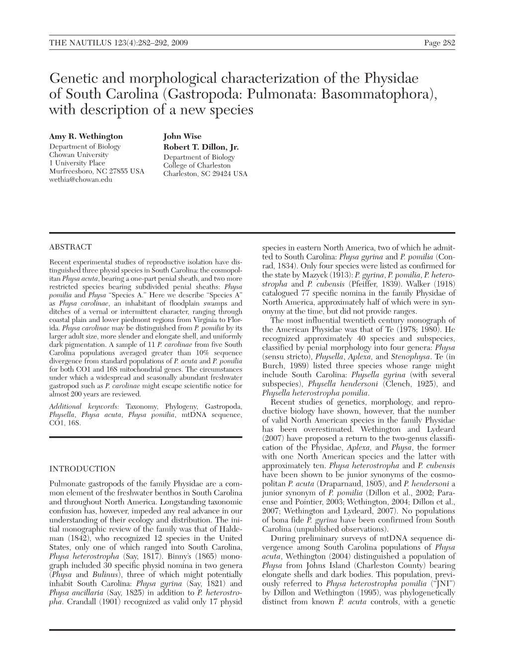 Genetic and Morphological Characterization of the Physidae of South Carolina (Gastropoda: Pulmonata: Basommatophora), with Description of a New Species