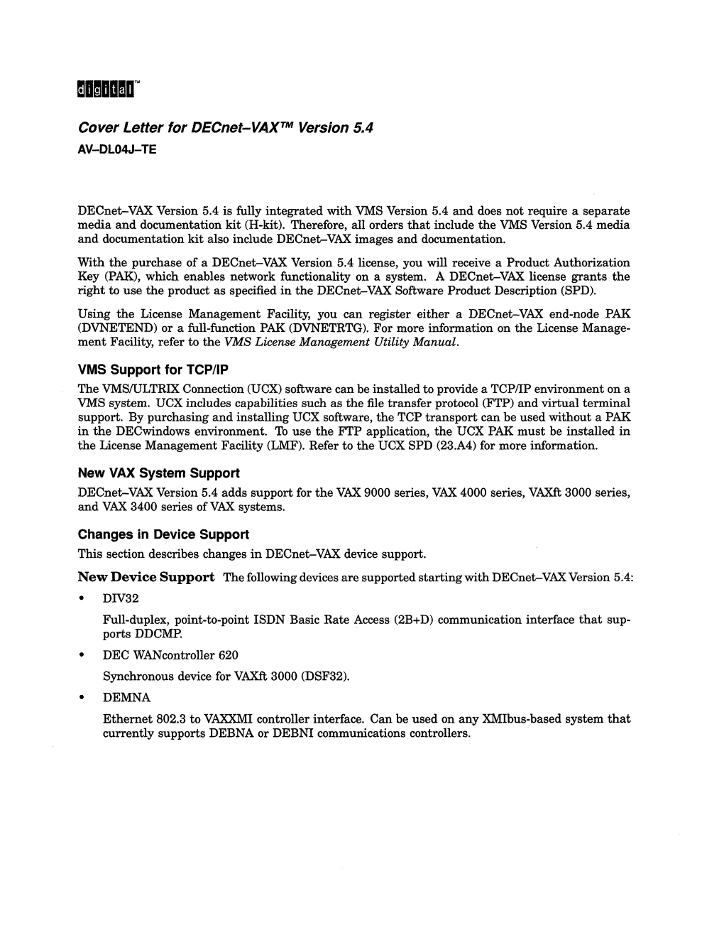 Cover Letter for Decnet-VAXTM Version 5.4 AV-DL04J-TE