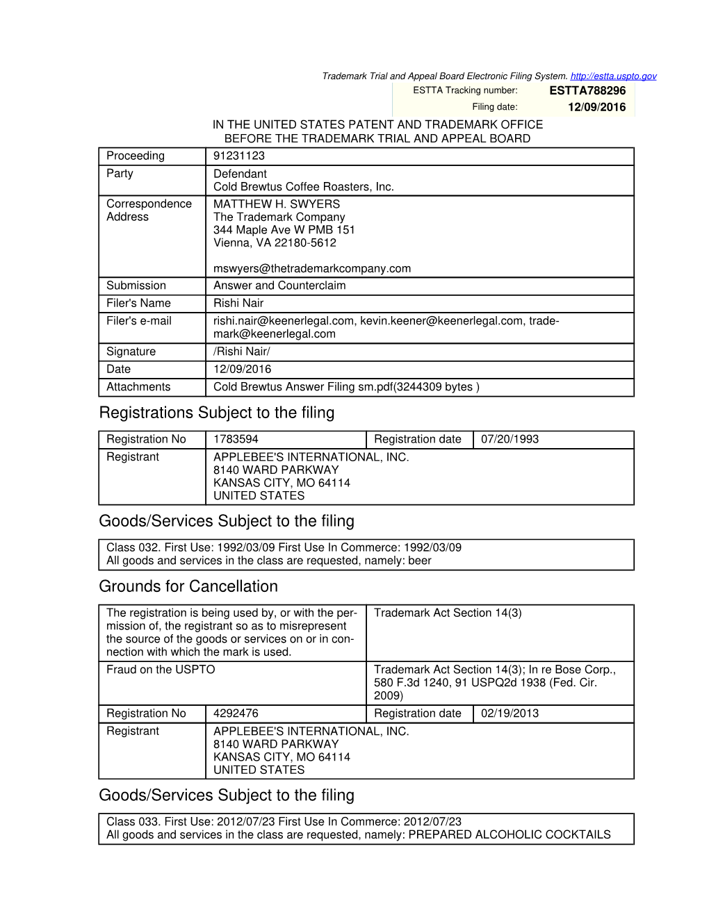 Registrations Subject to the Filing Goods/Services Subject to the Filing