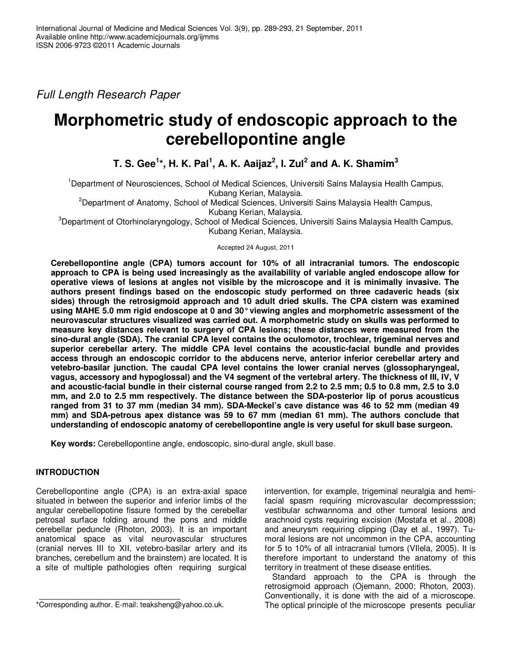 Morphometric Study of Endoscopic Approach to the Cerebellopontine Angle