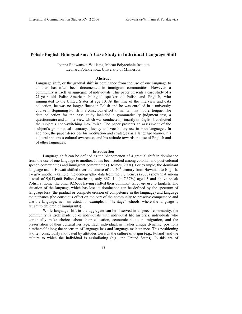 Polish-English Bilingualism: a Case Study in Individual Language Shift