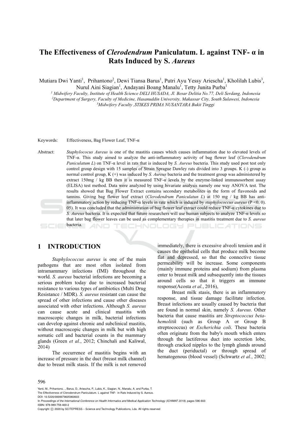 The Effectiveness of Clerodendrum Paniculatum. L Against TNF- Α in Rats Induced by S