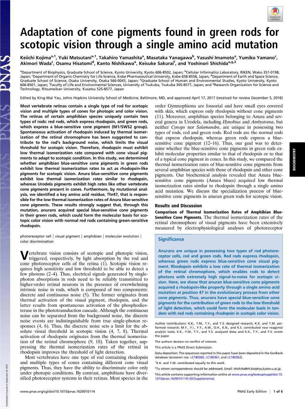 Adaptation of Cone Pigments Found in Green Rods for Scotopic Vision Through a Single Amino Acid Mutation