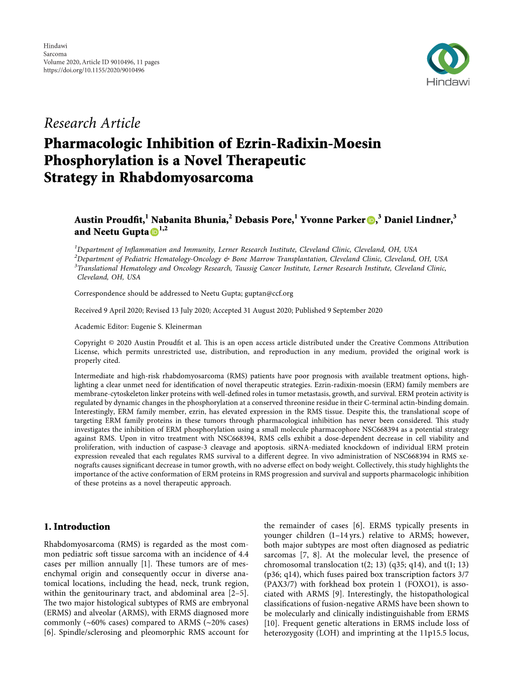 Research Article Pharmacologic Inhibition of Ezrin-Radixin-Moesin Phosphorylation Is a Novel Therapeutic Strategy in Rhabdomyosarcoma