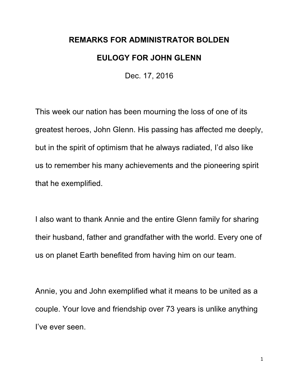 Remarks for Administrator Bolden Eulogy for John Glenn