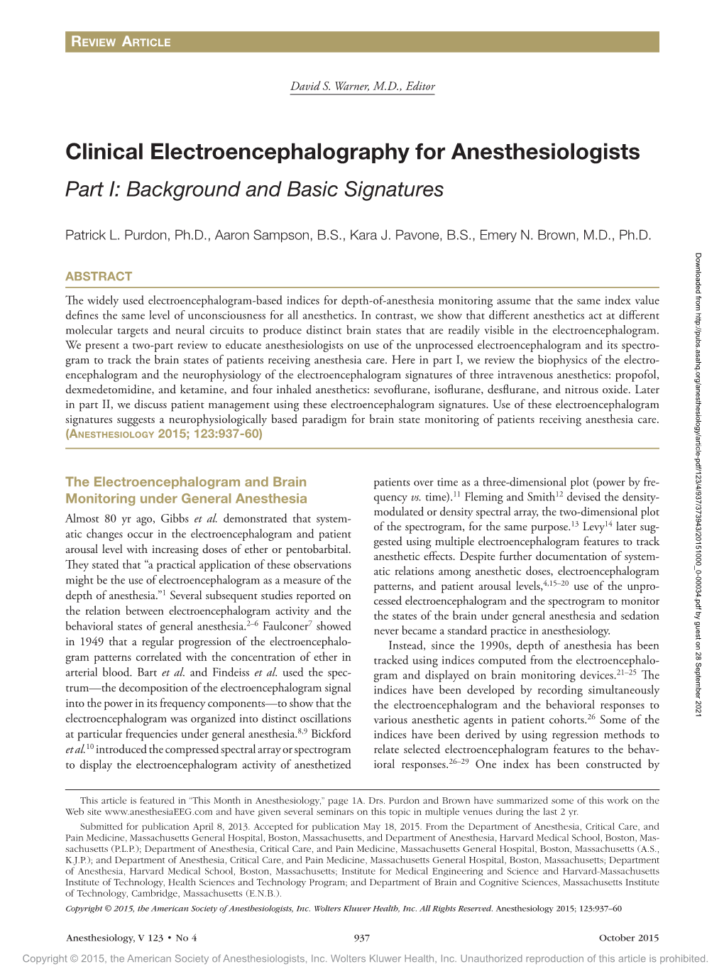 Clinical Electroencephalography for Anesthesiologists Part I: Background and Basic Signatures