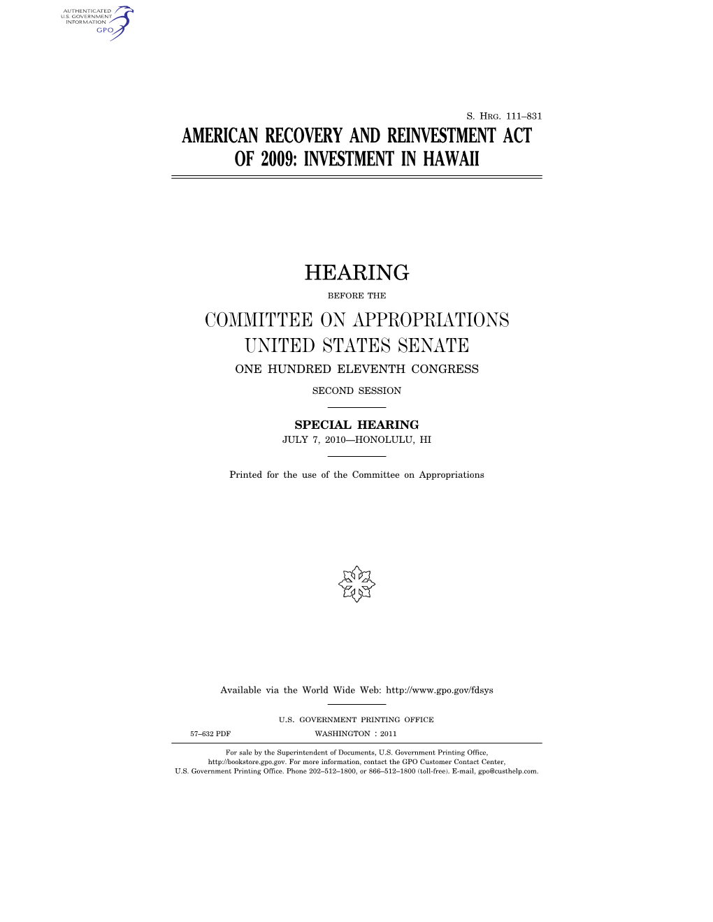 American Recovery and Reinvestment Act of 2009: Investment in Hawaii