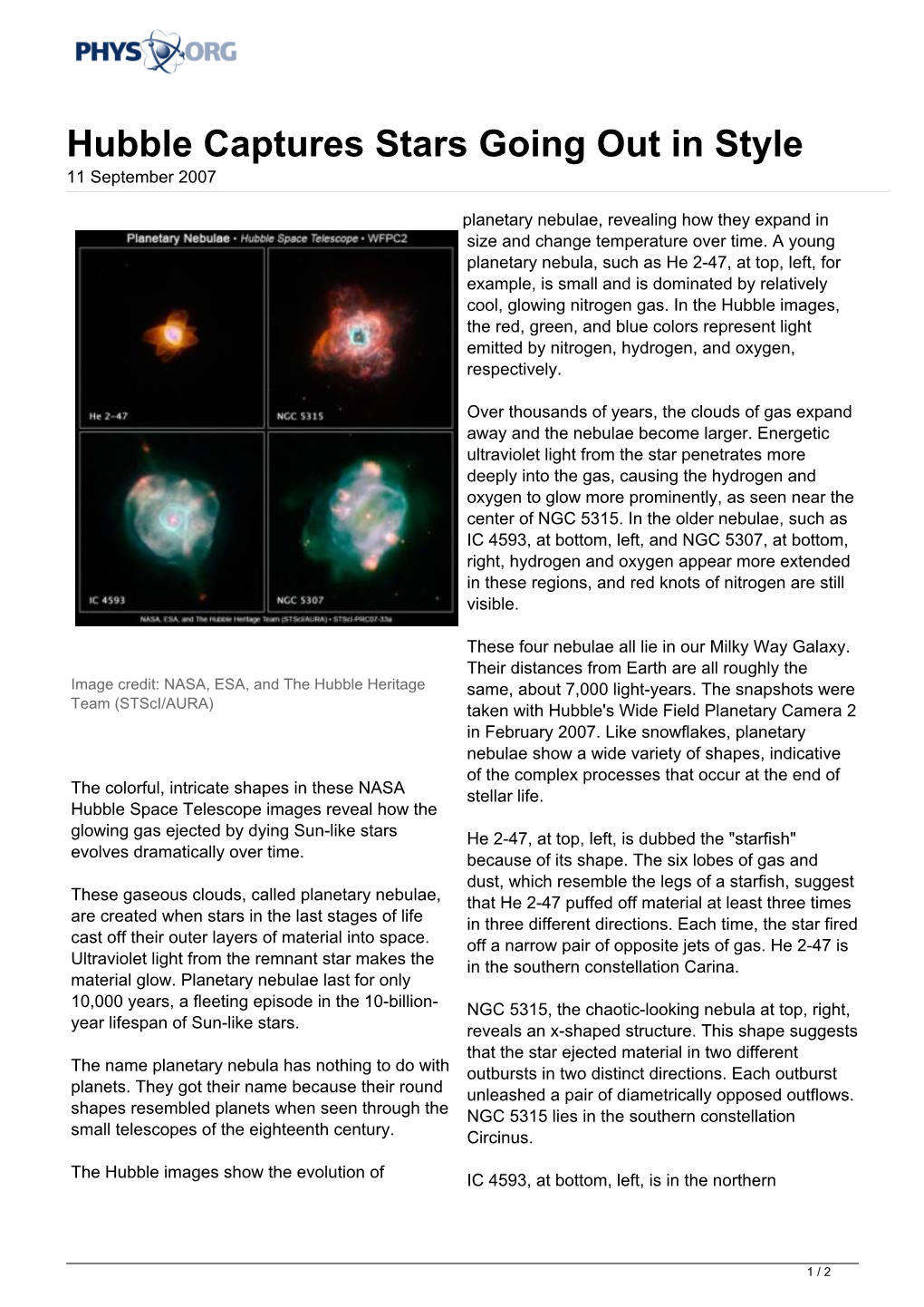 Hubble Captures Stars Going out in Style 11 September 2007