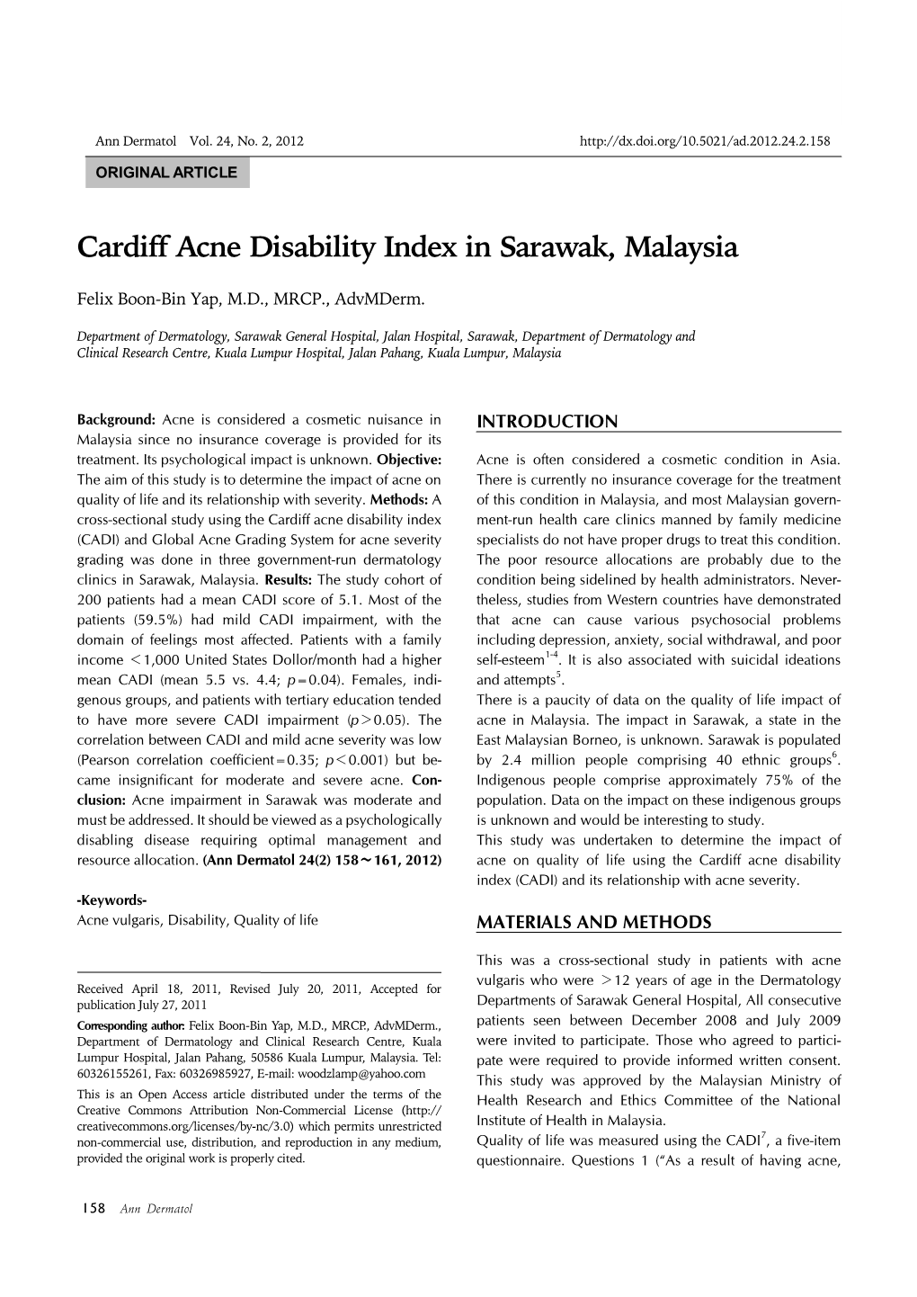 Cardiff Acne Disability Index in Sarawak, Malaysia