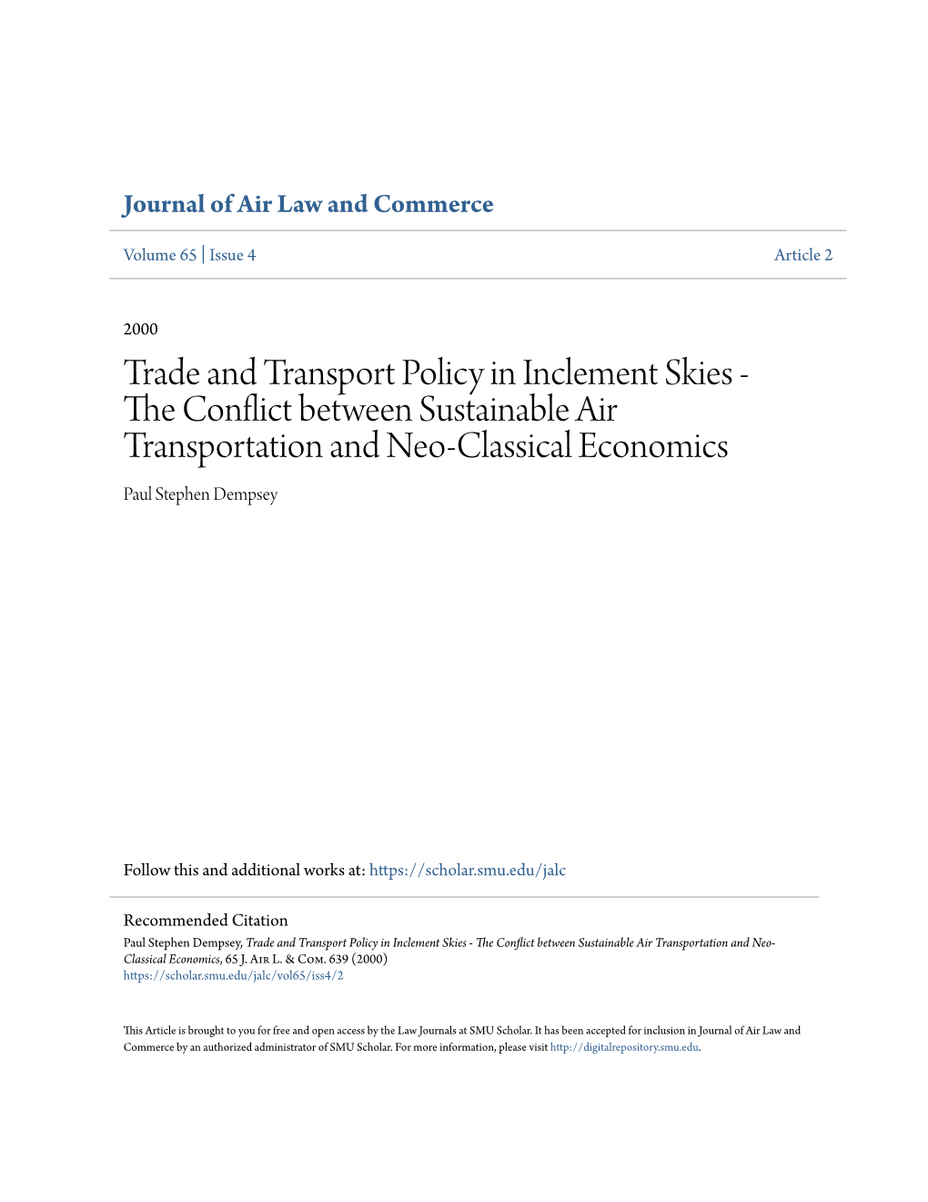 The Conflict Between Sustainable Air Transportation and Neo-Classical Economics*