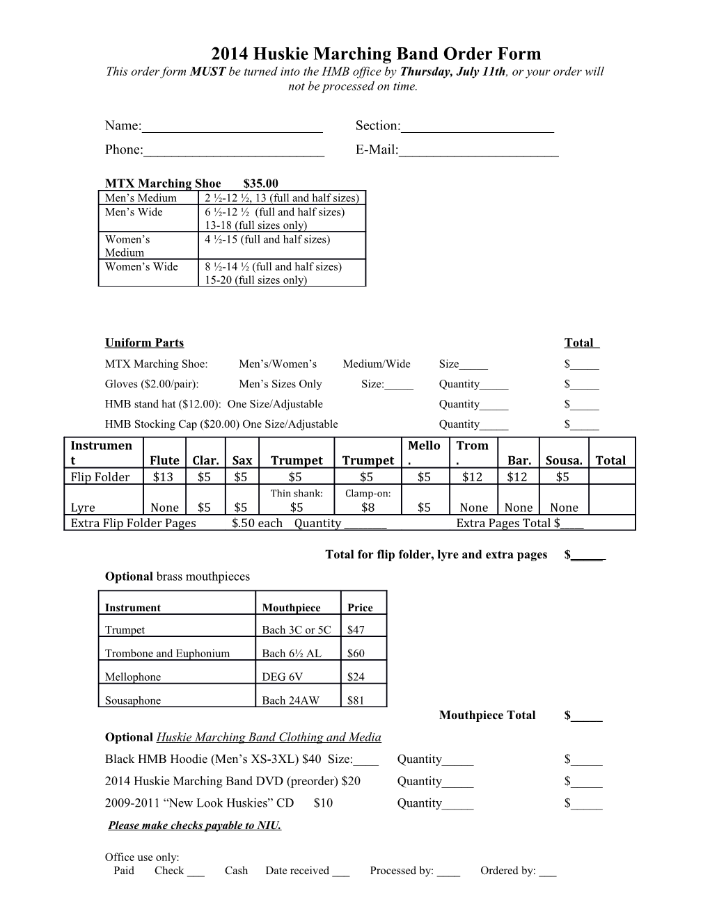 2006 Huskie Marching Band Order Form And