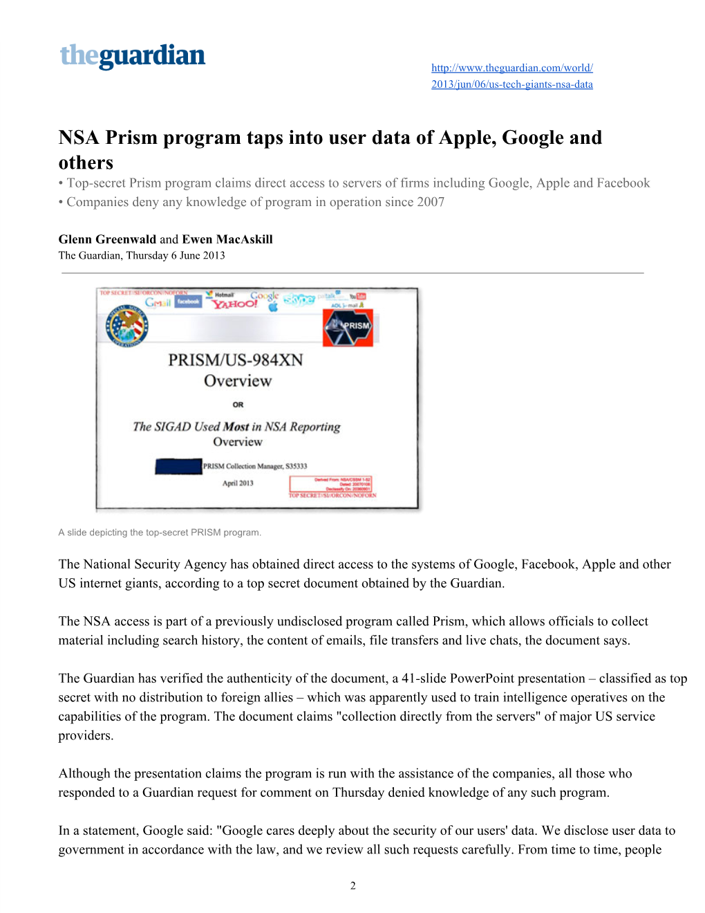 NSA Prism Program Taps Into User Data of Apple, Google and Others