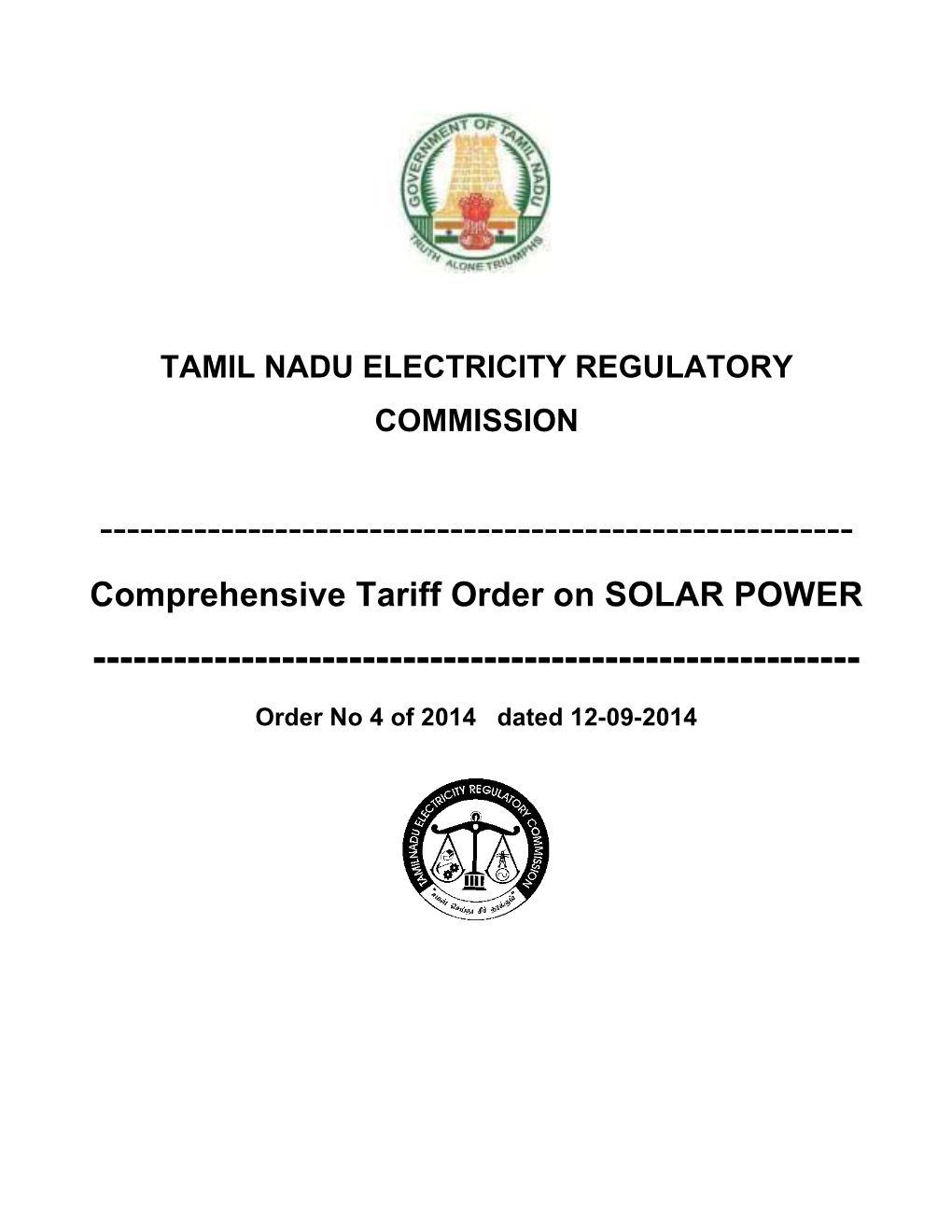 Comprehensive Tariff Order on SOLAR POWER