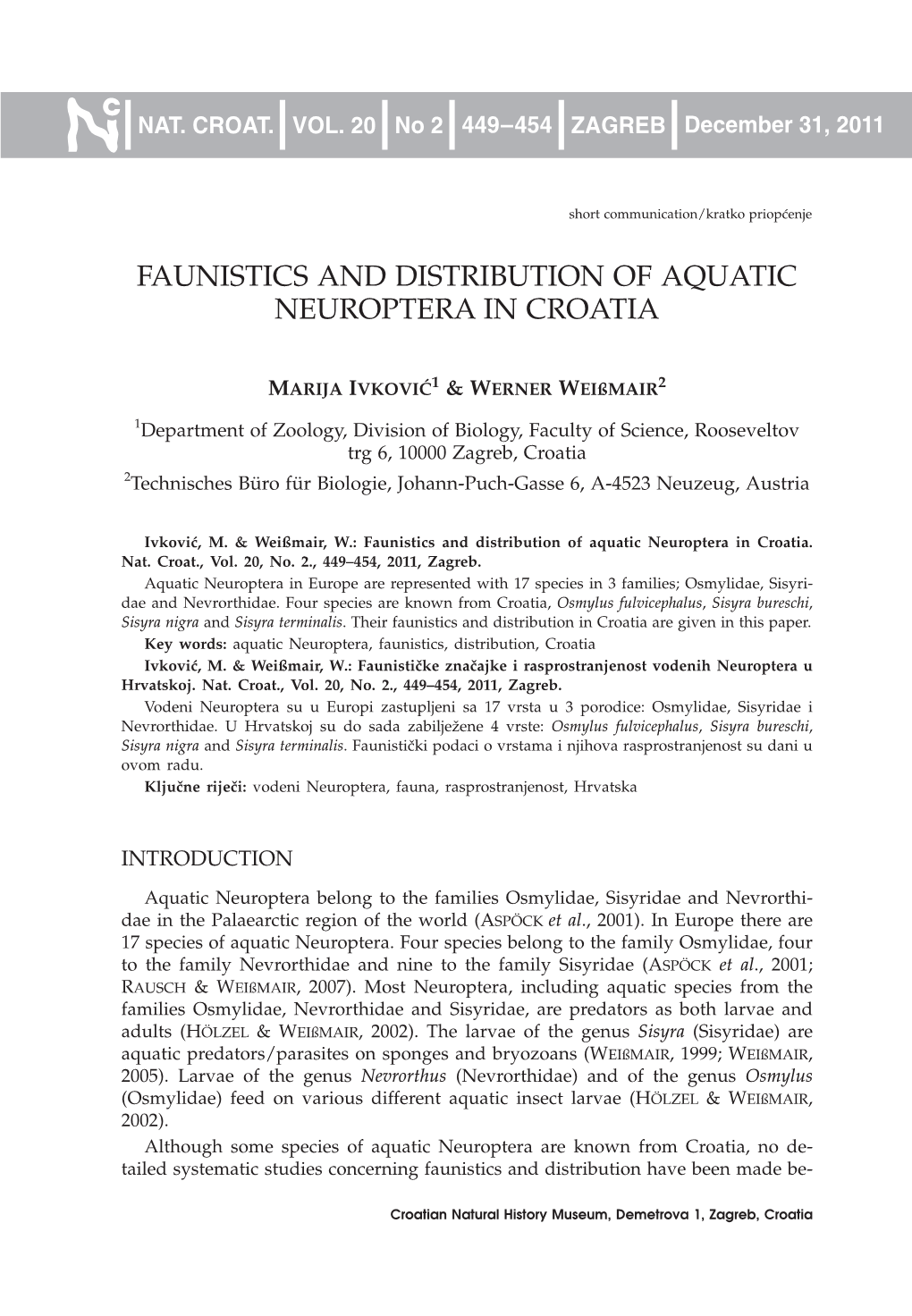 Faunistics and Distribution of Aquatic Neuroptera in Croatia
