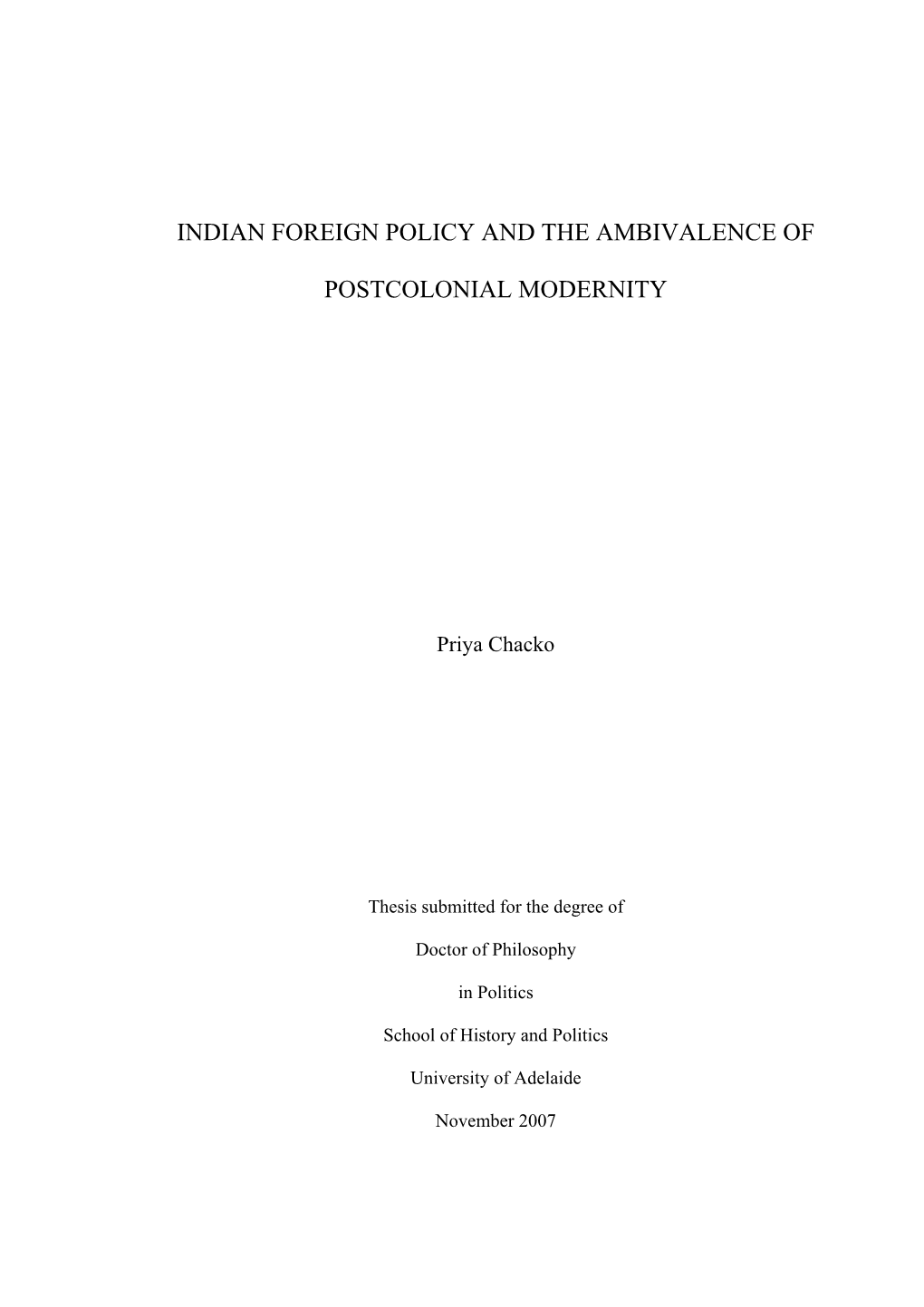 Indian Foreign Policy and the Ambivalence of Postcolonial