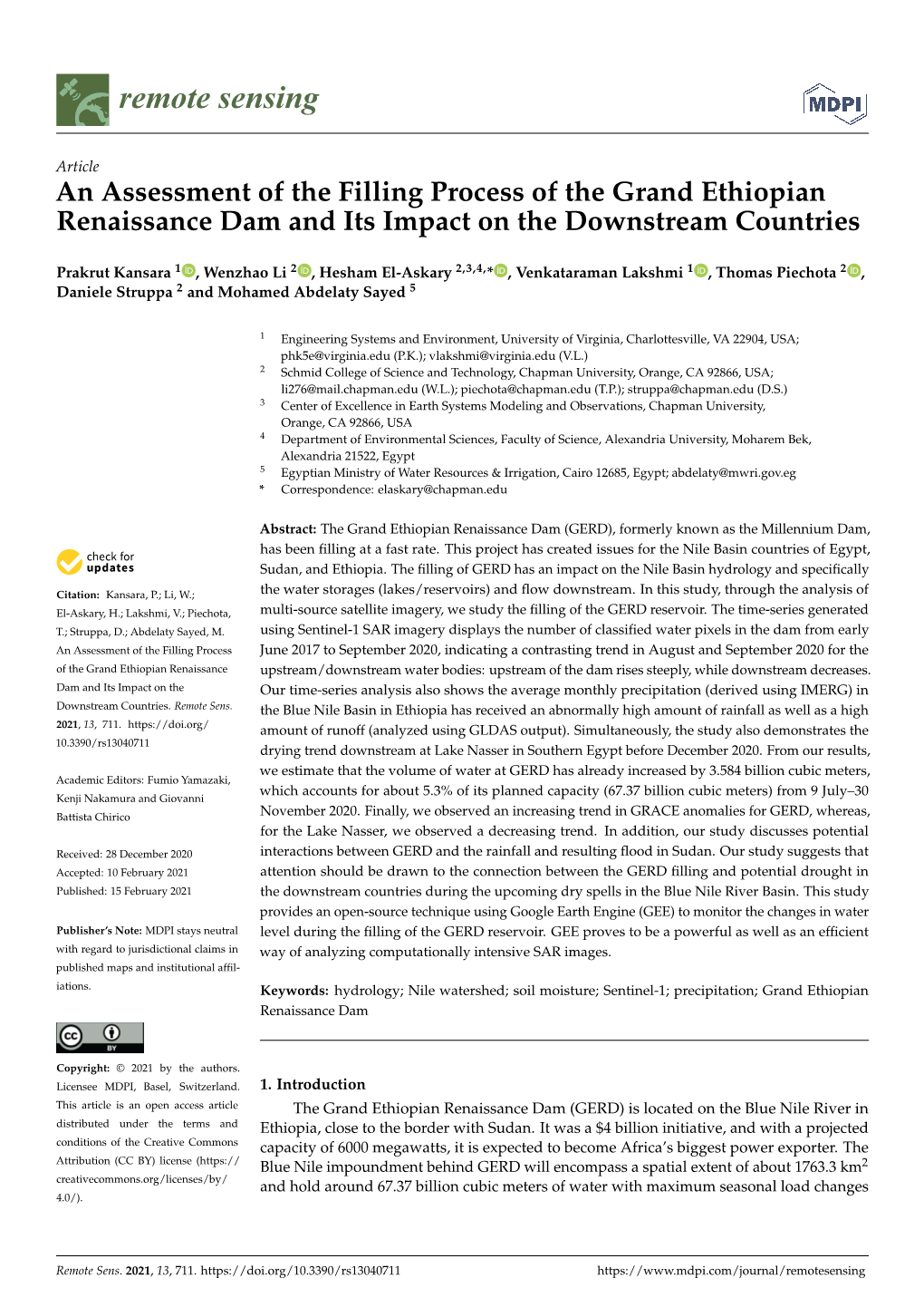 An Assessment of the Filling Process of the Grand Ethiopian Renaissance Dam and Its Impact on the Downstream Countries