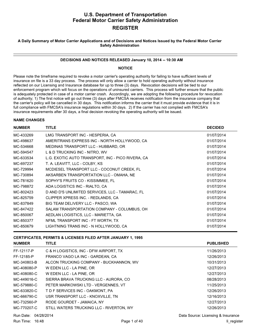 U.S. Department of Transportation Federal Motor Carrier Safety Administration REGISTER