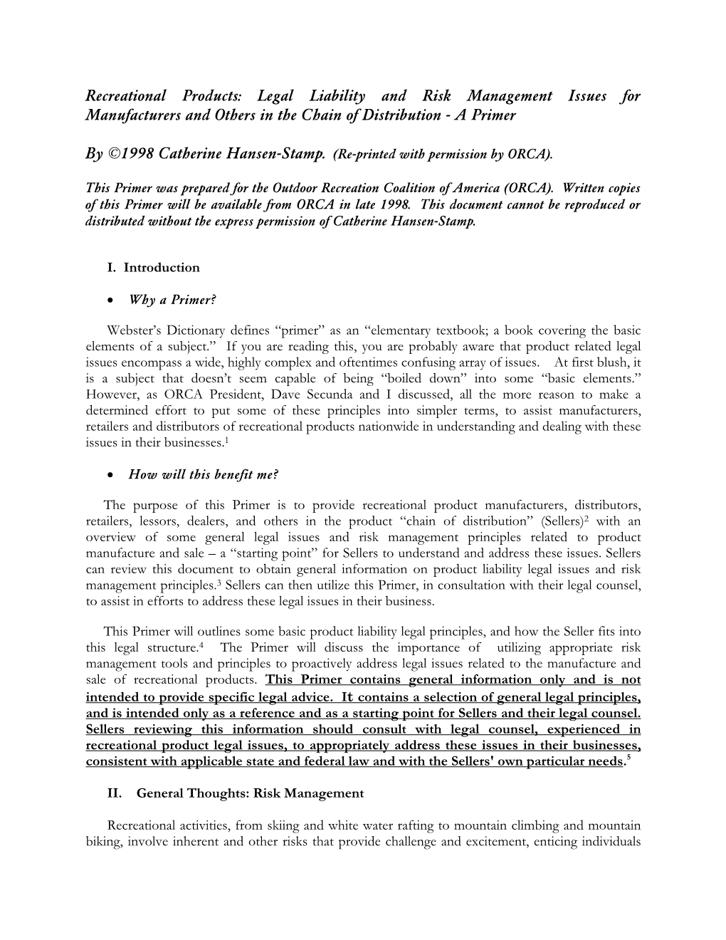 Recreational Products: Legal Liability and Risk Management Issues for Manufacturers and Others in the Chain of Distribution - a Primer