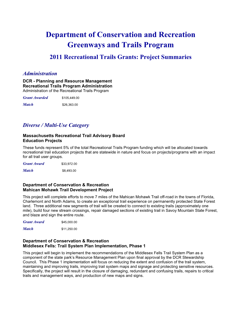 Department of Conservation and Recreation Greenways and Trails Program 2011 Recreational Trails Grants: Project Summaries