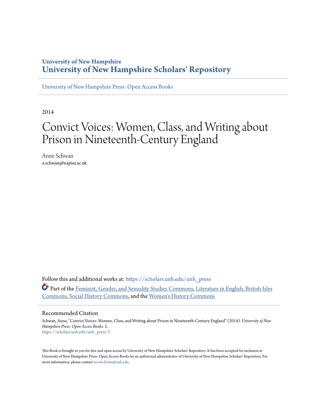 Women, Class, and Writing About Prison in Nineteenth-Century England Anne Schwan A.Schwan@Napier.Ac.Uk