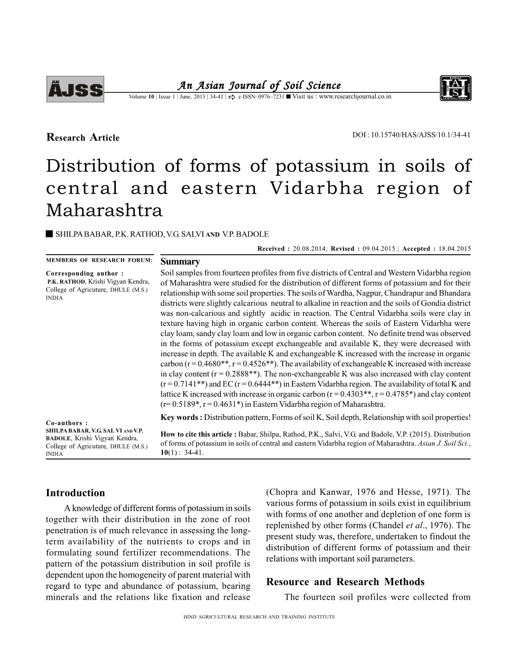 Distribution of Forms of Potassium in Soils of Central and Eastern Vidarbha Region of Maharashtra