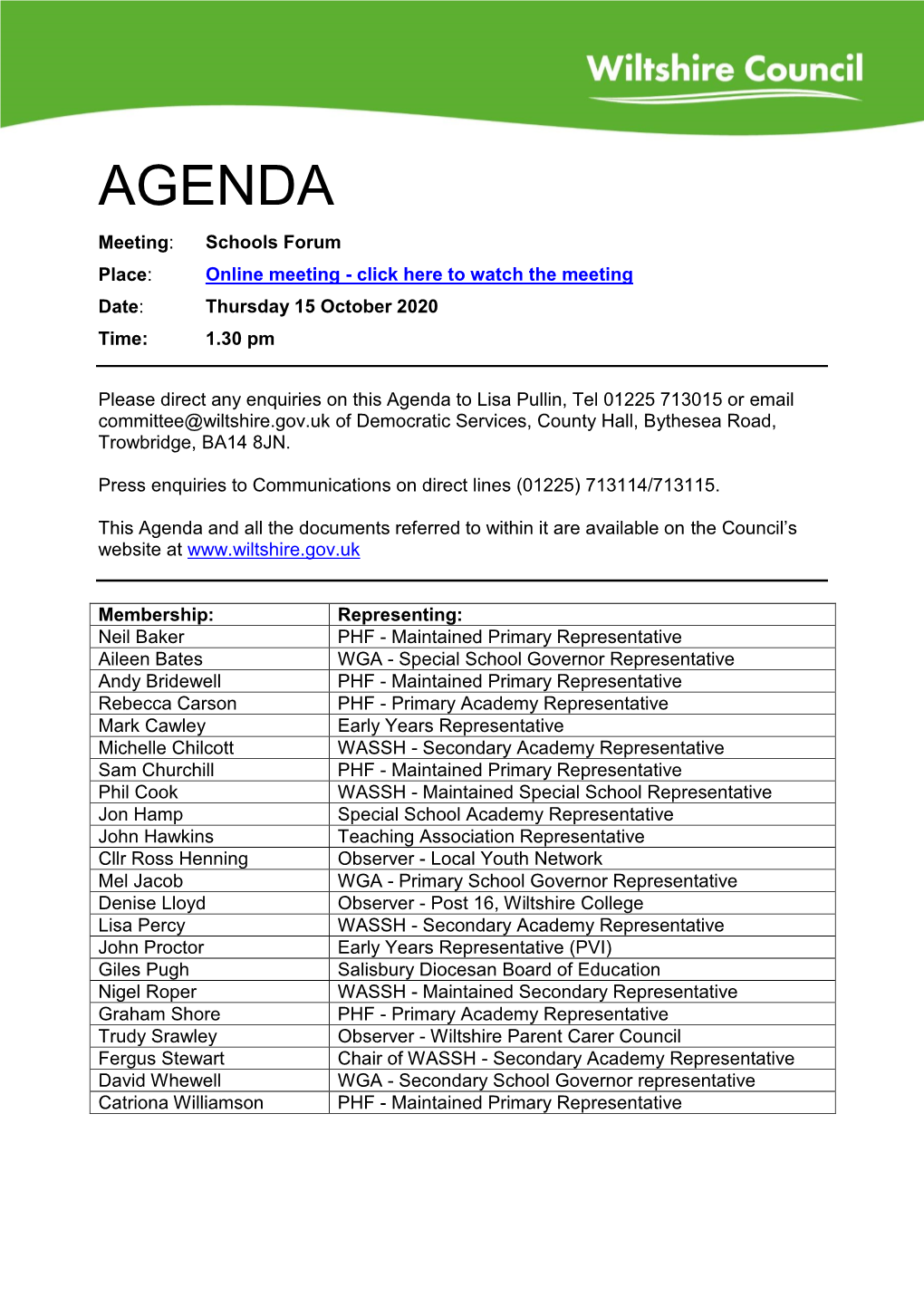 (Public Pack)Agenda Document for Schools Forum, 15/10/2020 13:30