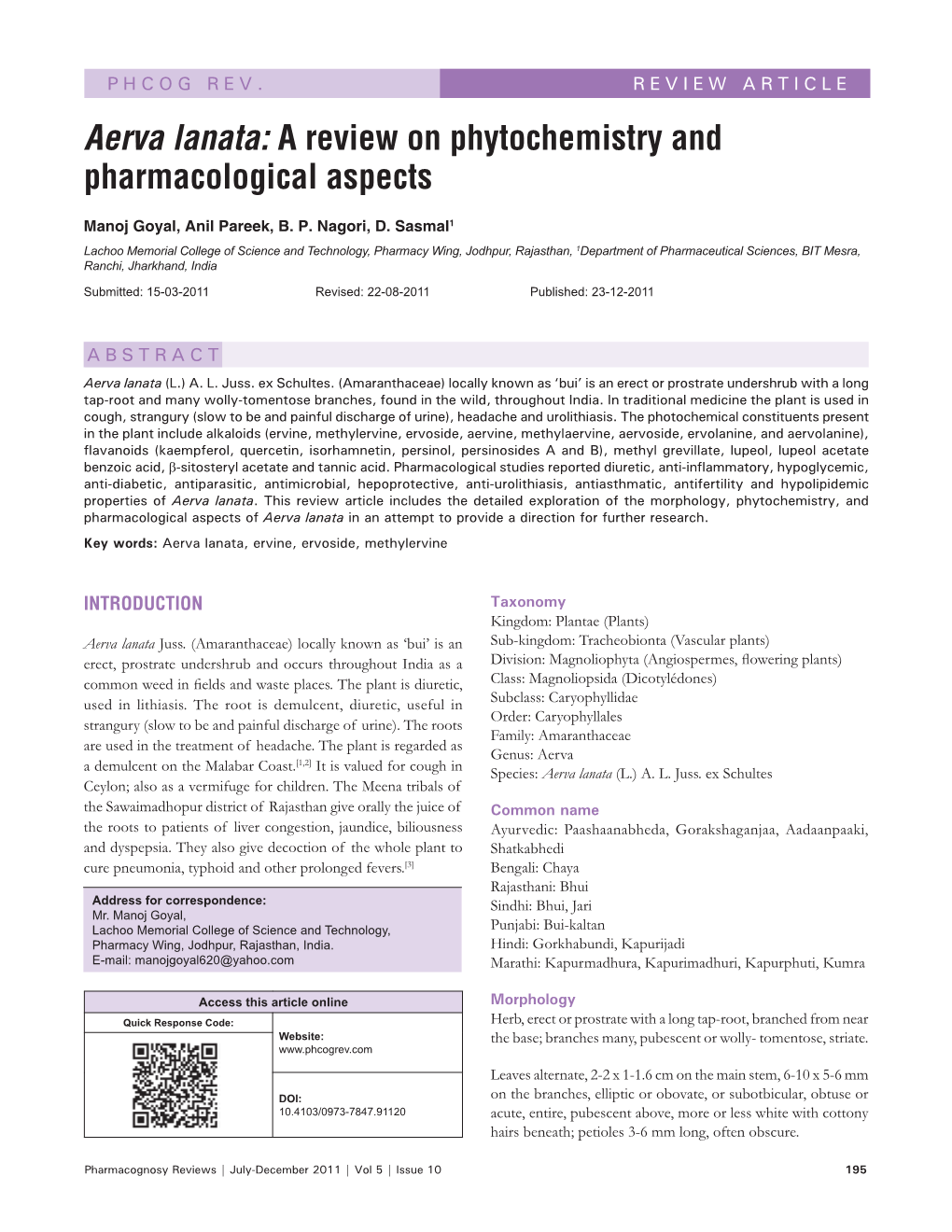 A Review on Phytochemistry and Pharmacological Aspects