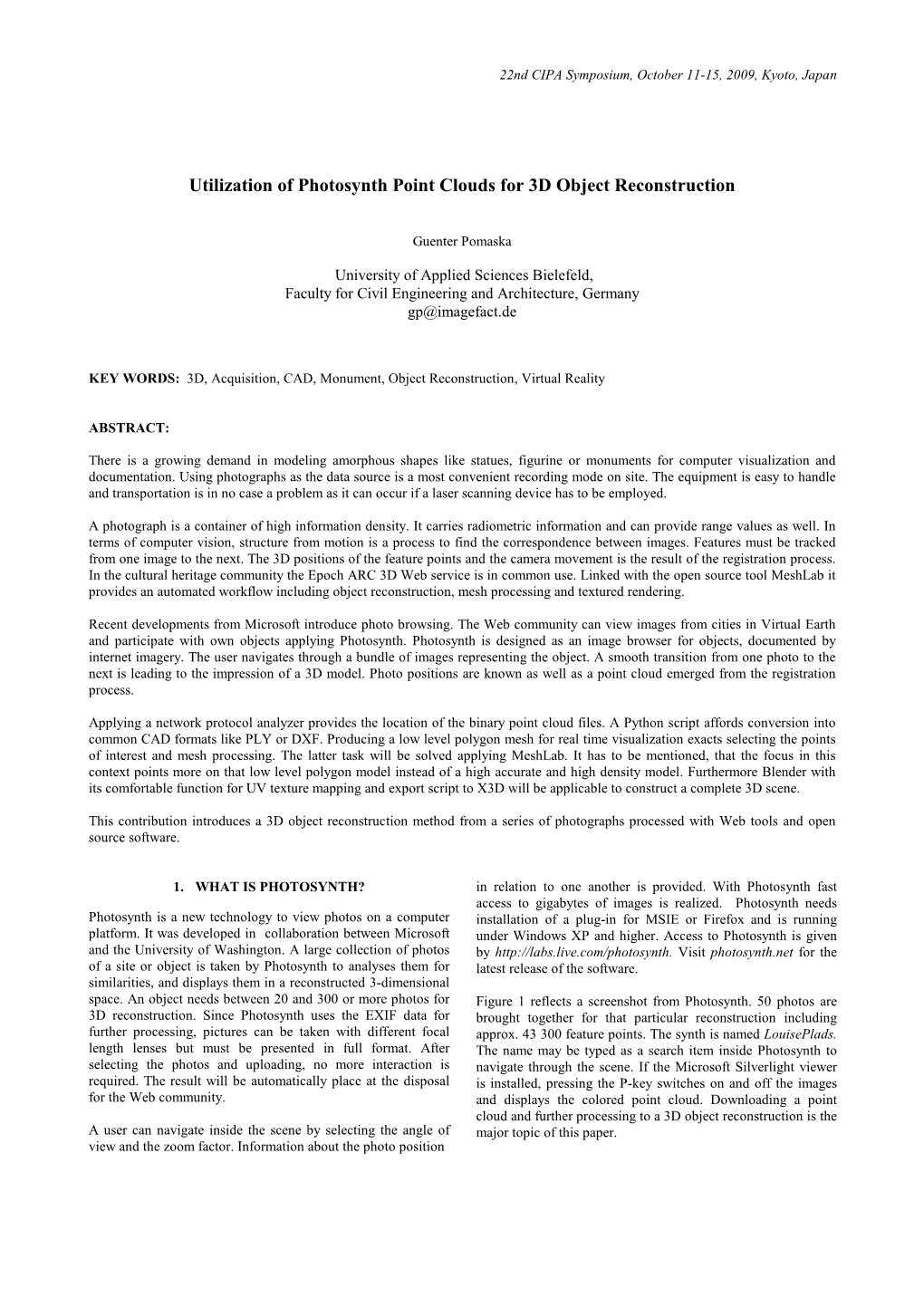 Utilization of Photosynth Point Clouds for 3D Object Reconstruction