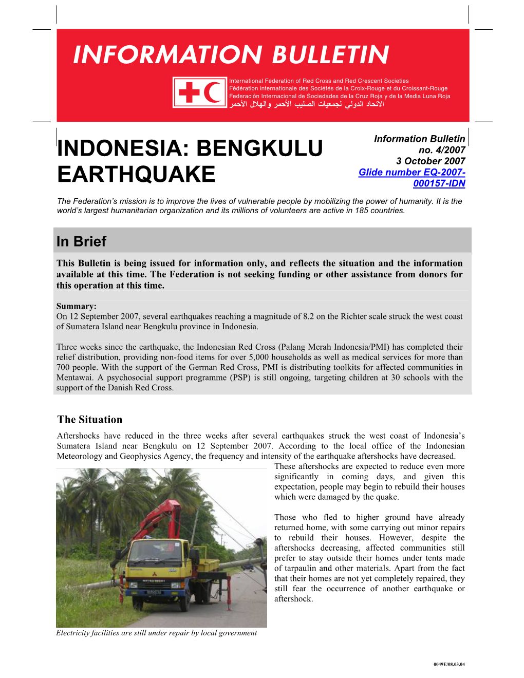 Bengkulu Earthquake; Information Bulletin No