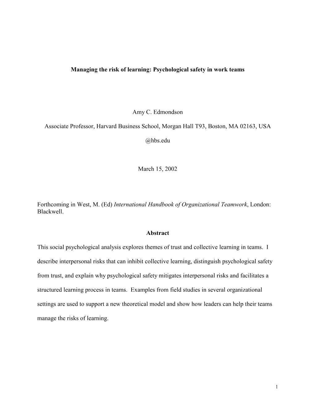 Managing the Risk of Learning: Psychological Safety in Work Teams