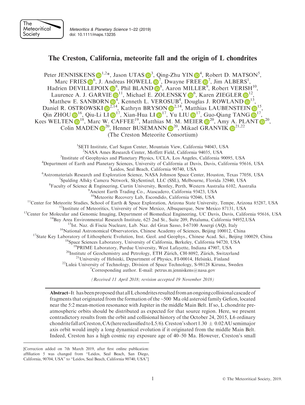 The Creston, California, Meteorite Fall and the Origin of L Chondrites