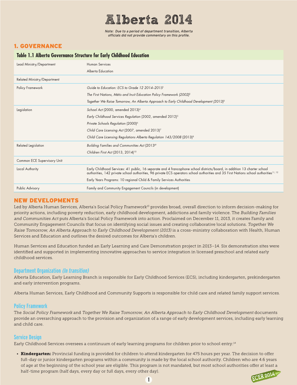 Alberta 2014 Note: Due to a Period of Department Transition, Alberta Officials Did Not Provide Commentary on This Profile