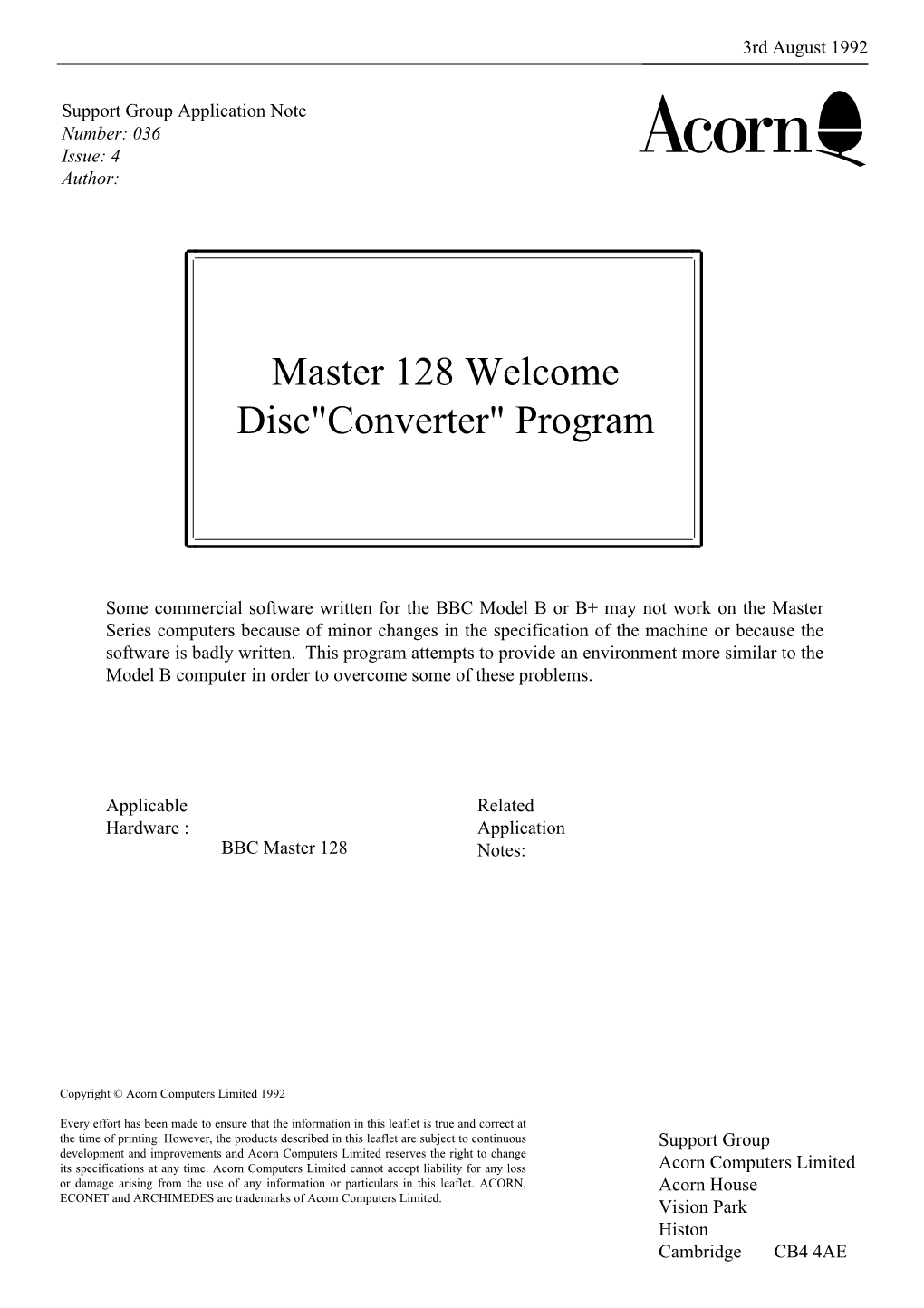 BBC Master 128 Welcome Disc Converter Program