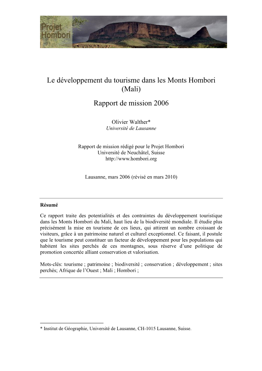 Le Développement Du Tourisme Dans Les Monts Hombori (Mali) Rapport De Mission 2006