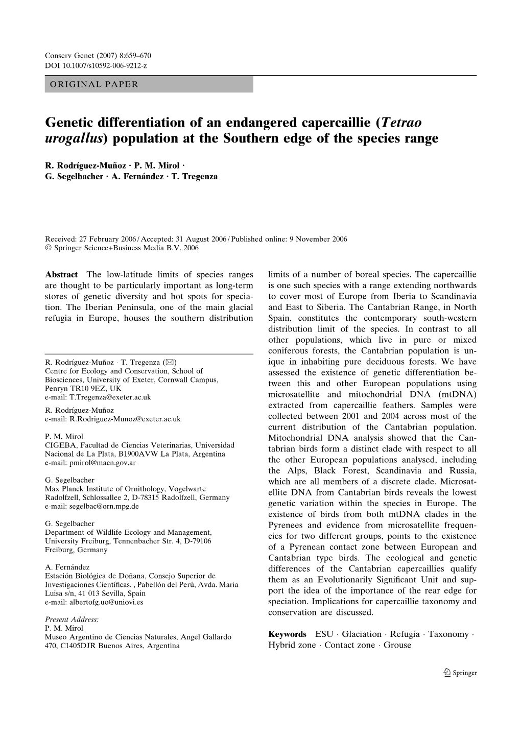 Genetic Differentiation of an Endangered Capercaillie (Tetrao Urogallus) Population at the Southern Edge of the Species Range