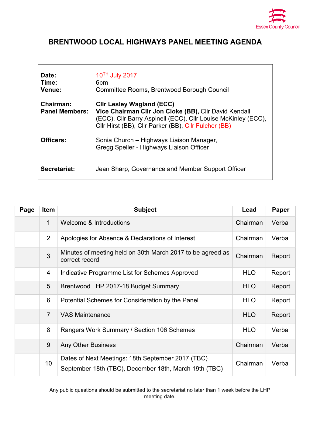 Brentwood Local Highways Panel Meeting Agenda