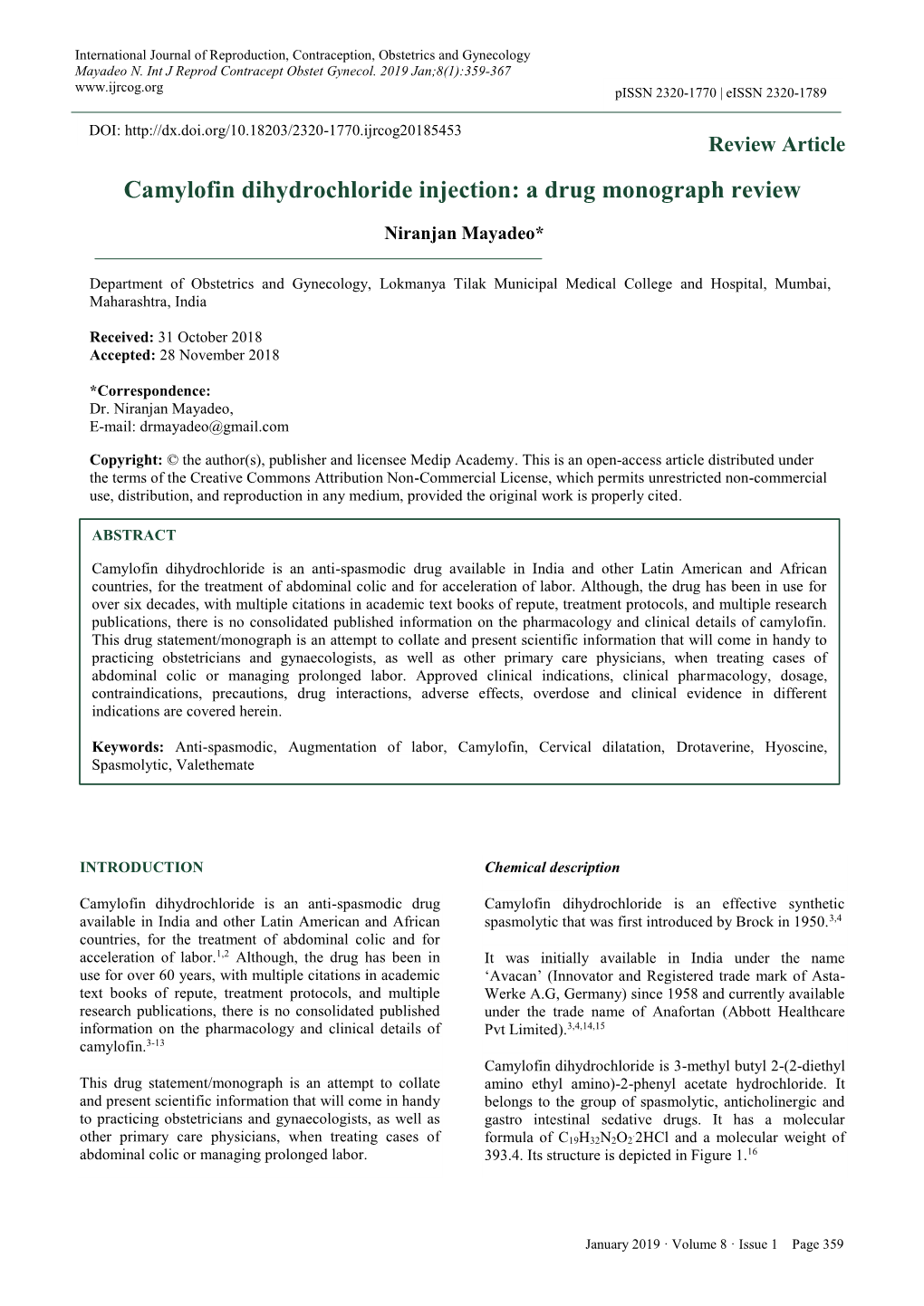 Camylofin Dihydrochloride Injection: a Drug Monograph Review