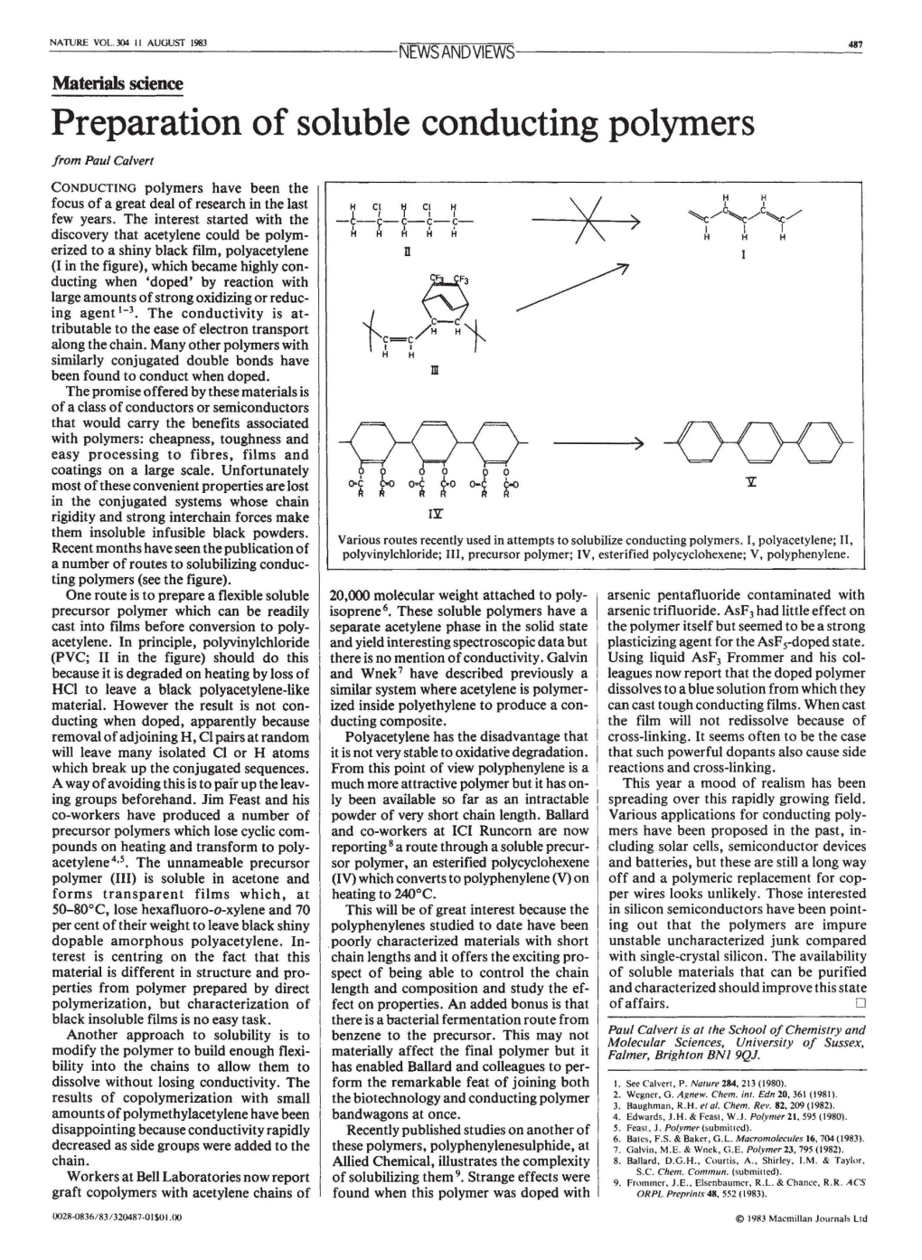 Preparation of Soluble Conducting Polymers from Paul Calvert CONDUCTING Polymers Have Been the Focus of a Great Deal of Research in the Last H C1 ~ C1 ~ Few Years