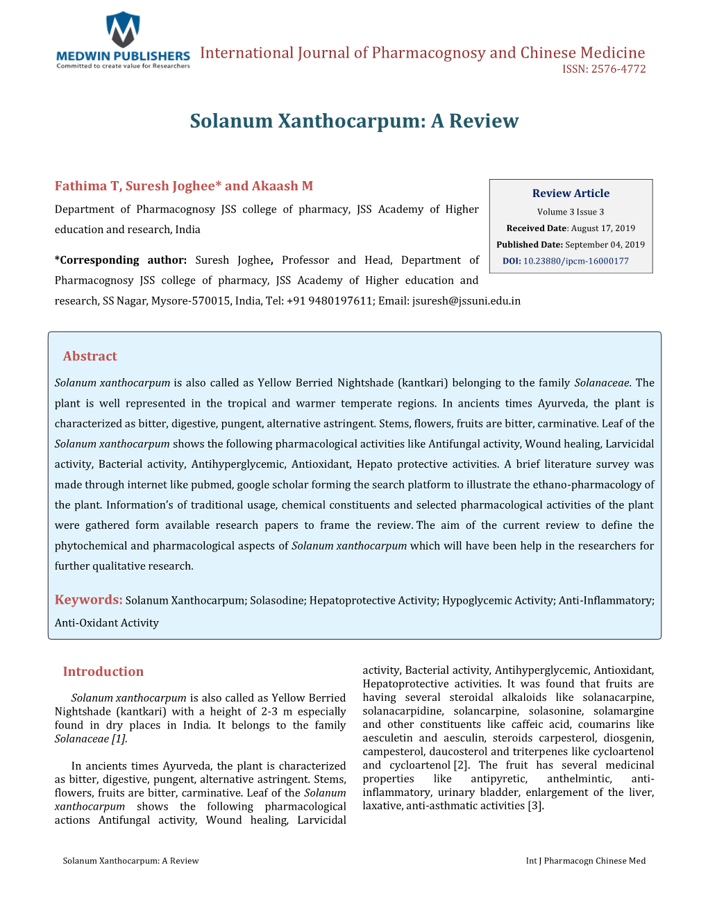 Suresh Joghee, Et Al. Solanum Xanthocarpum: a Review. Int J Pharmacogn Chinese Med 2019, 3(3): 000177