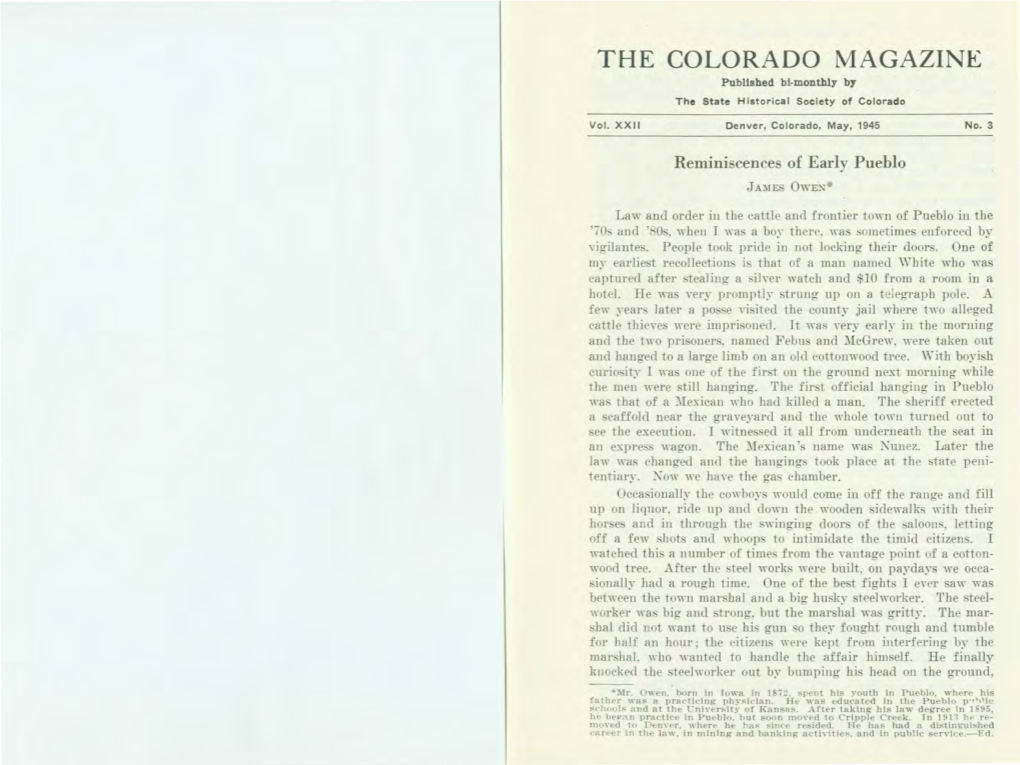 THE COLORADO MAGAZINE Published Bi-Monthly by the State H Istorical Soc Iety of Colorado