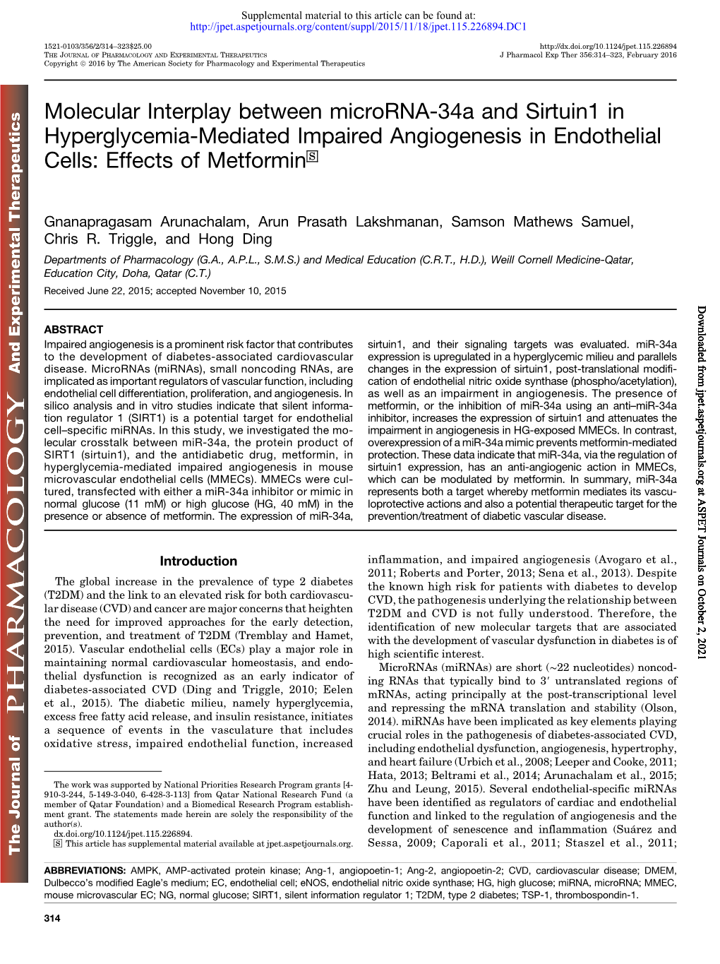 Molecular Interplay Between Microrna-34A and Sirtuin1 in Hyperglycemia-Mediated Impaired Angiogenesis in Endothelial Cells: Effects of Metformin S