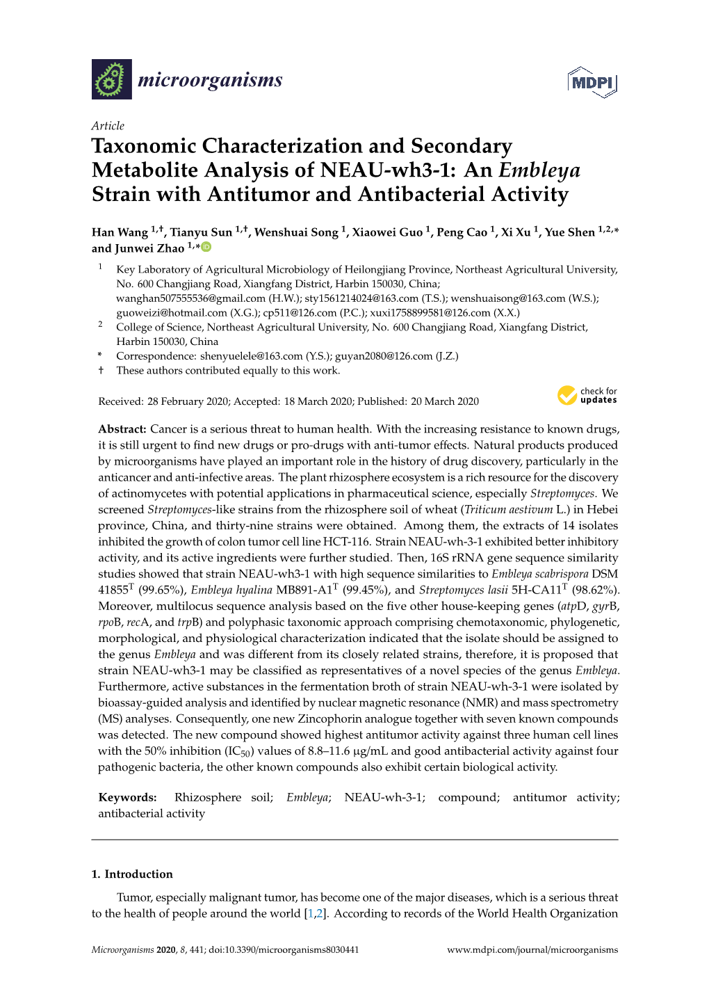 Taxonomic Characterization and Secondary Metabolite Analysis of NEAU-Wh3-1: an Embleya Strain with Antitumor and Antibacterial Activity
