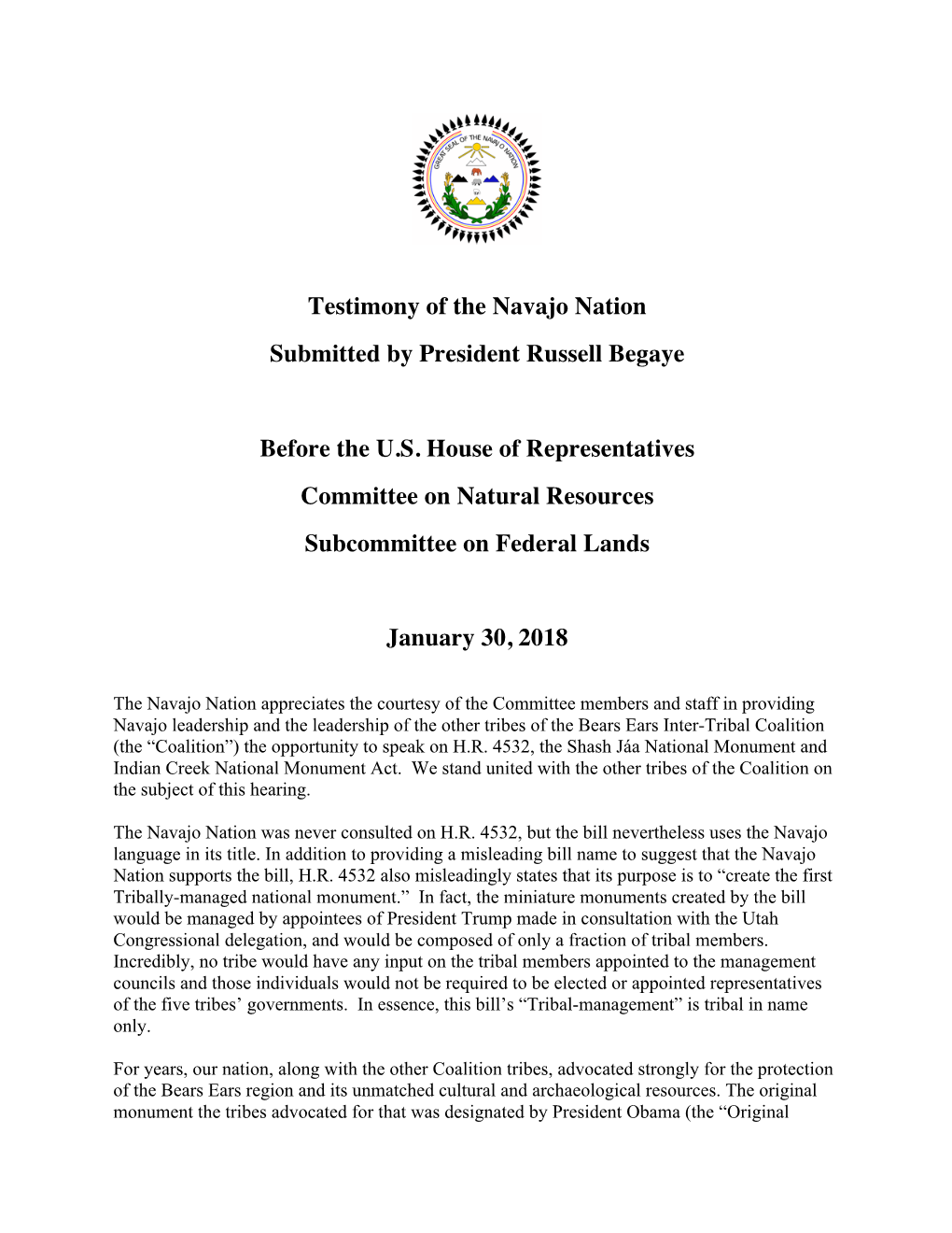 Testimony of the Navajo Nation Submitted by President Russell