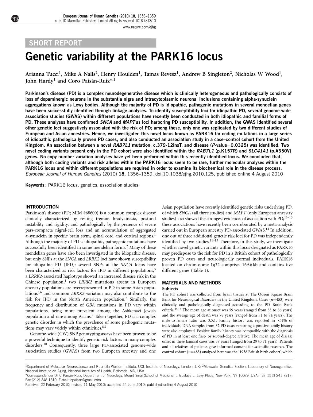 Genetic Variability at the PARK16 Locus