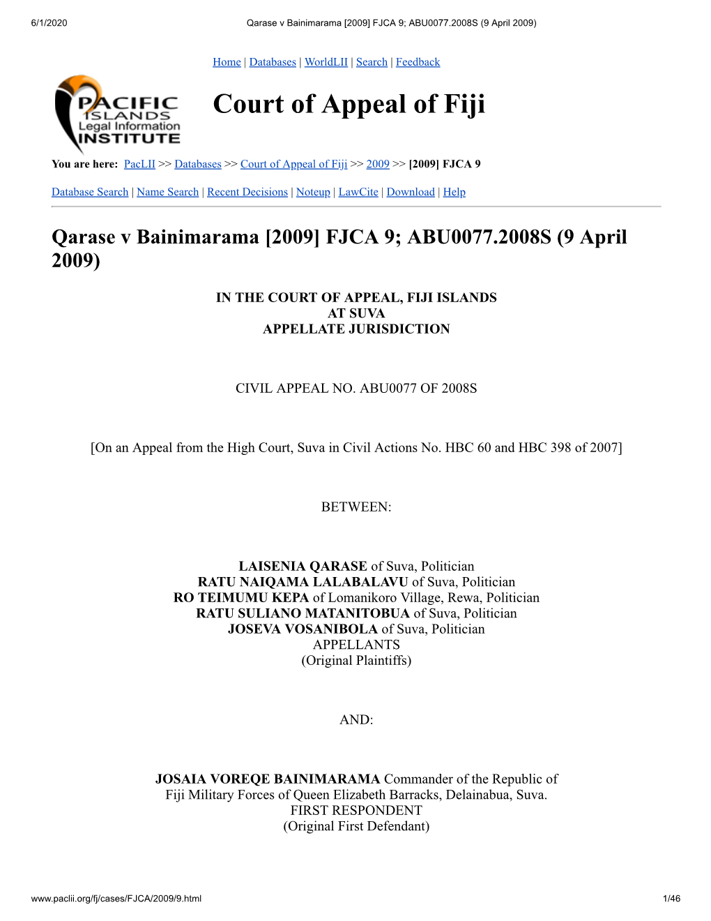 Qarase V Bainimarama [2009] FJCA 9; ABU0077.2008S (9 April 2009)